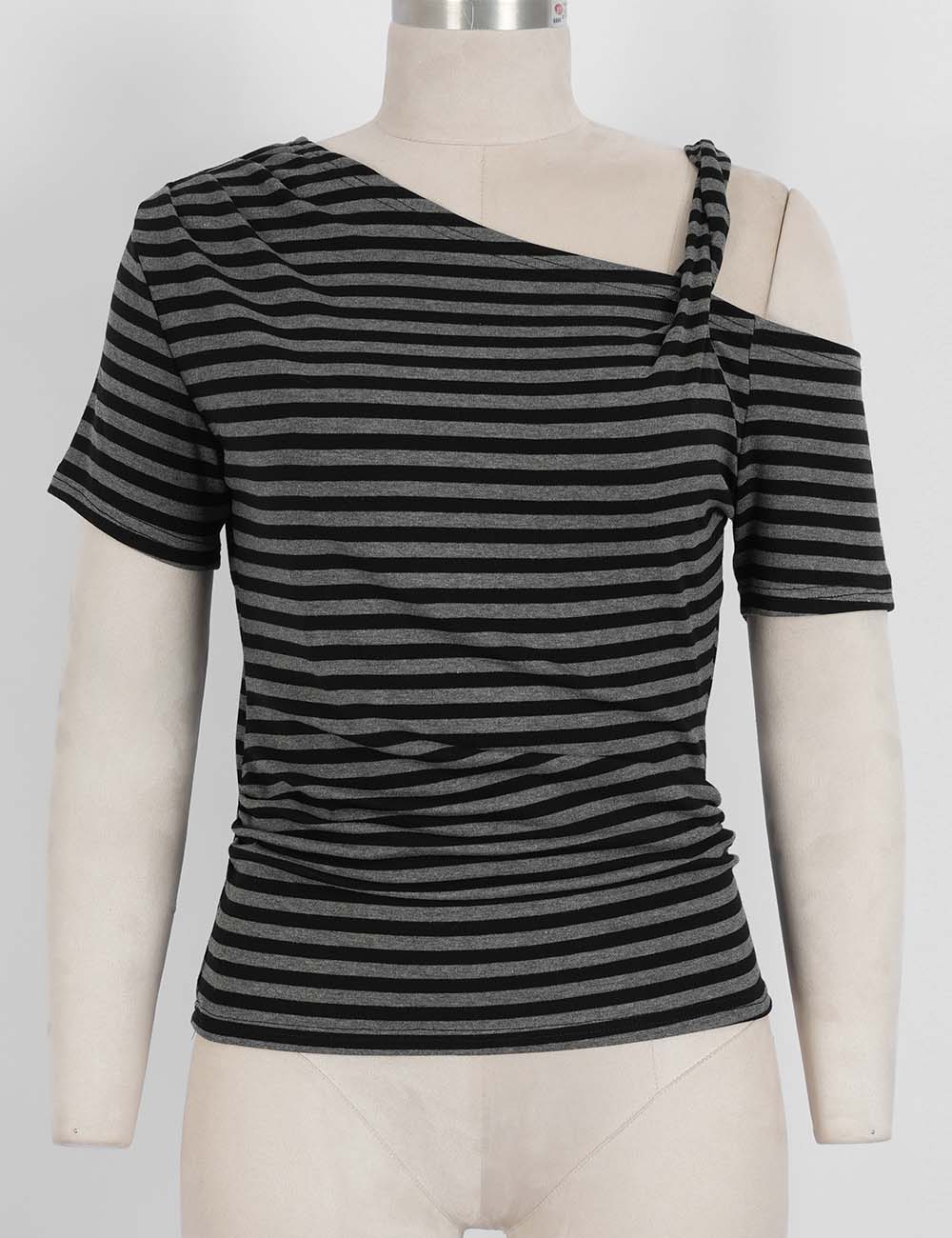 Ladies Striped One Shoulder Twist Strap T-Shirt