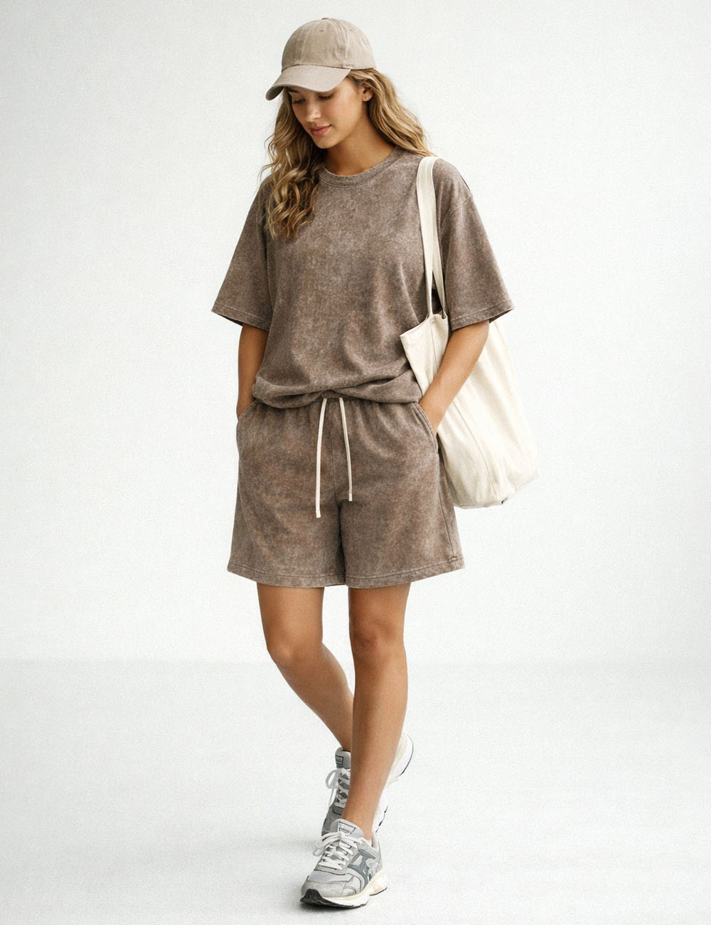Ladies Washed Round Neck Short Sleeves T-shirt & Shorts Matching Set