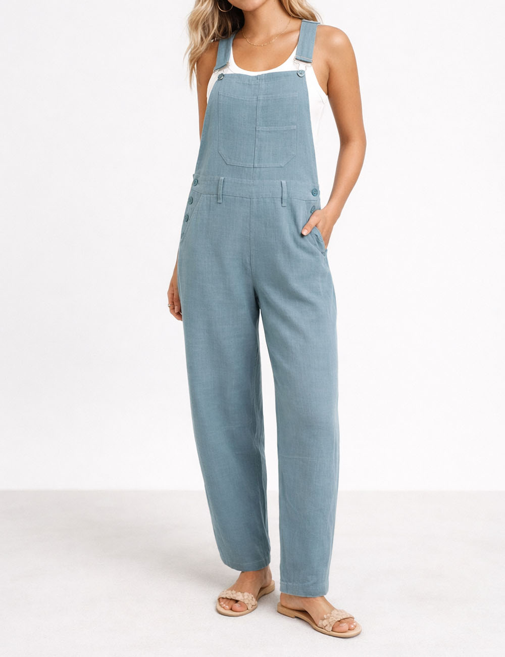 Ladies Casual Overall Solid Color Barrel Leg Denim Jumpsuit