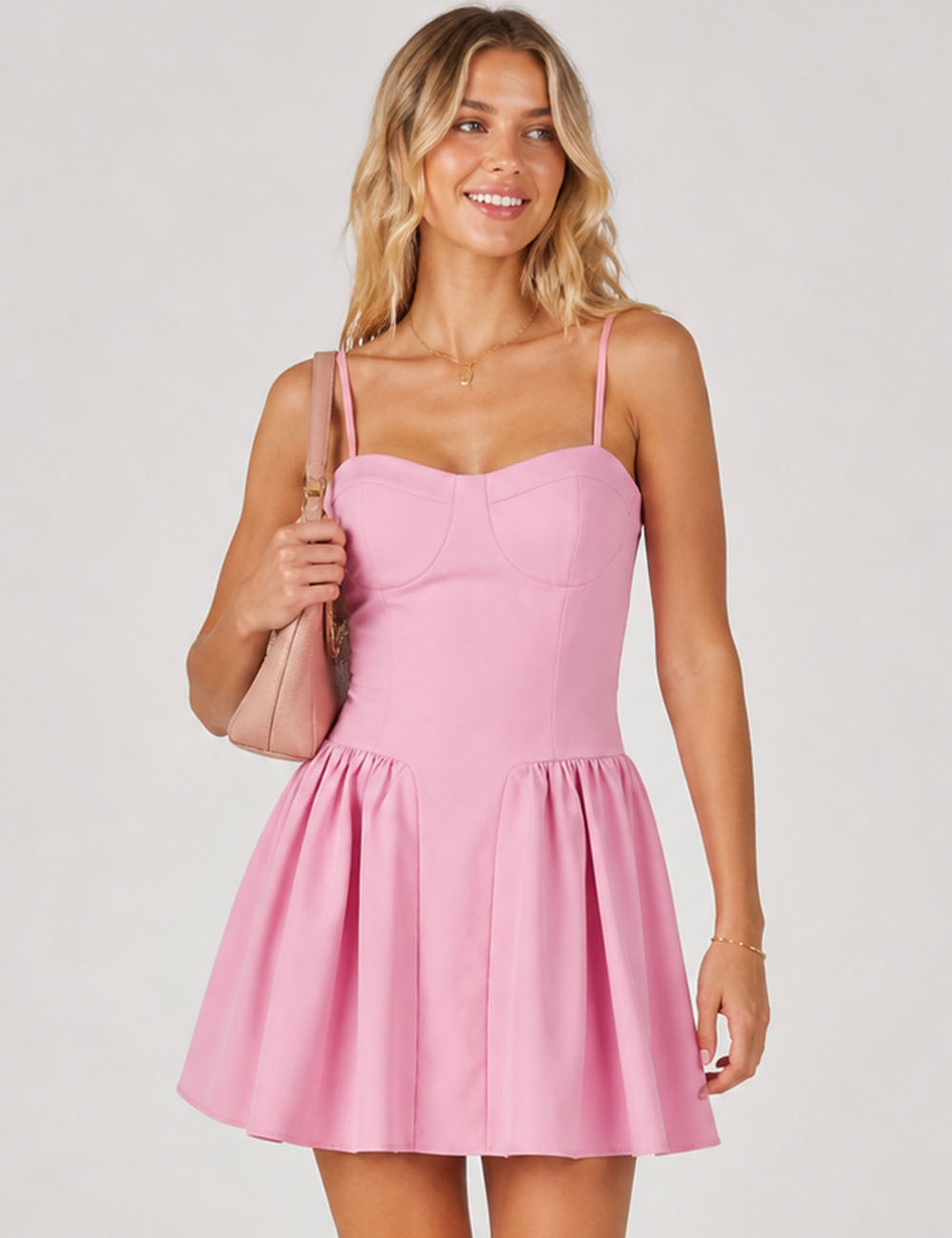 Ladies Chic Spaghetti Strap Flared Hem Bustier Cami Mini Dress