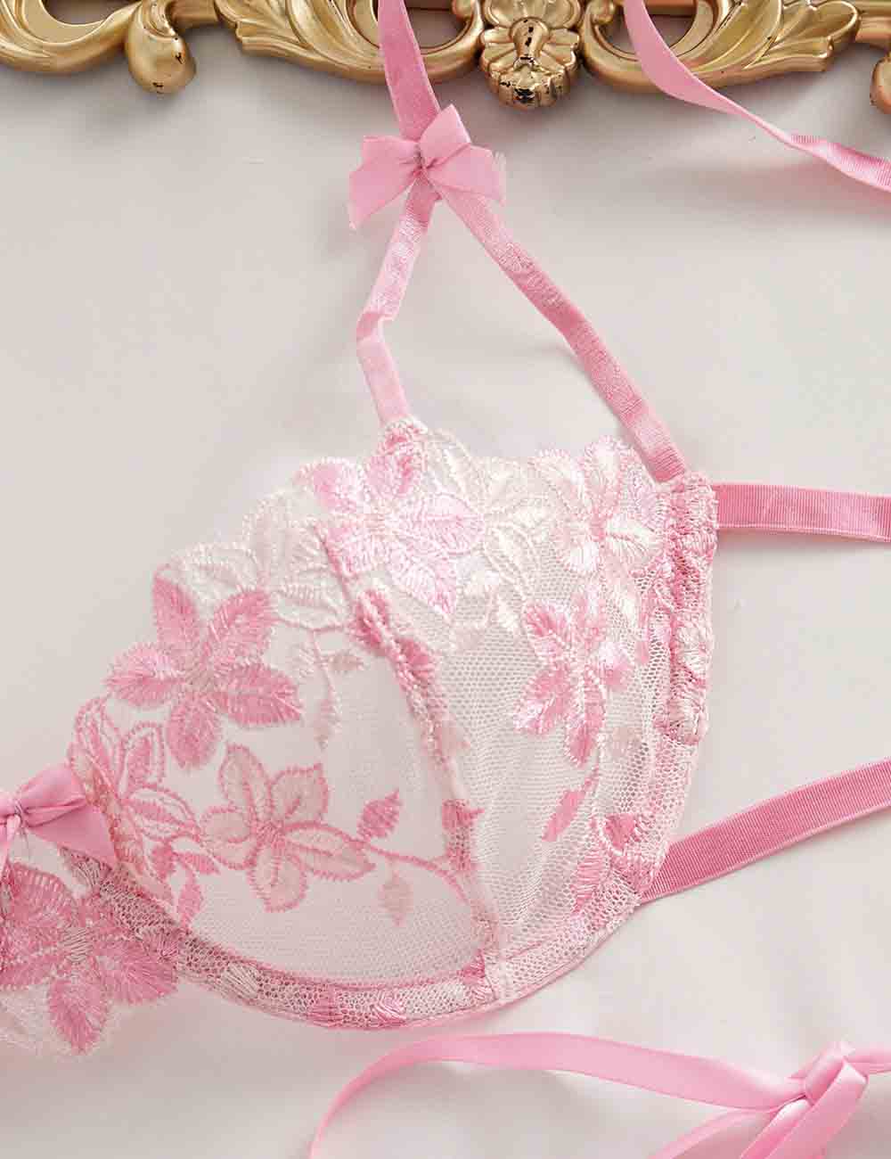 Ladies Floral Embroidery See Through 2PCS Lingerie Set 8XX0111