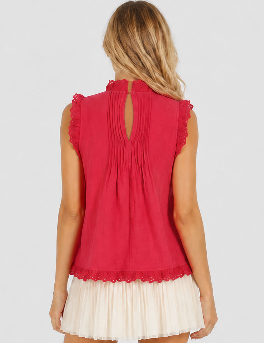Ladies Boho Eyelet Lace Pleated Round Neck Sleeveless Babydoll Top