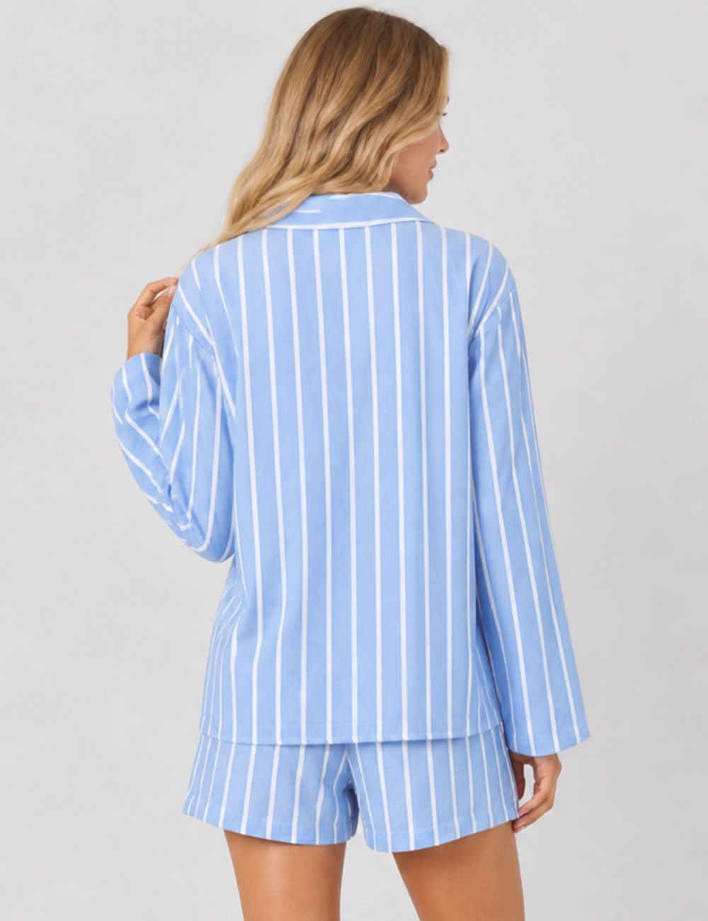 Ladies Striped Button Down Blouse & Shorts Matching Set