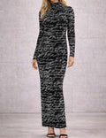 Ladies Mock Neck Letter Pattern Long Sleeves Bodycon Maxi Dress