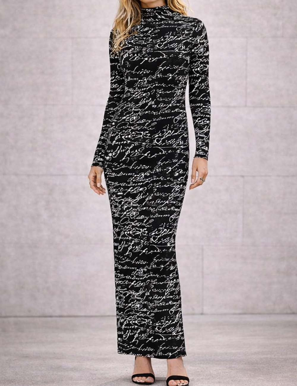 Ladies Mock Neck Letter Pattern Long Sleeves Bodycon Maxi Dress