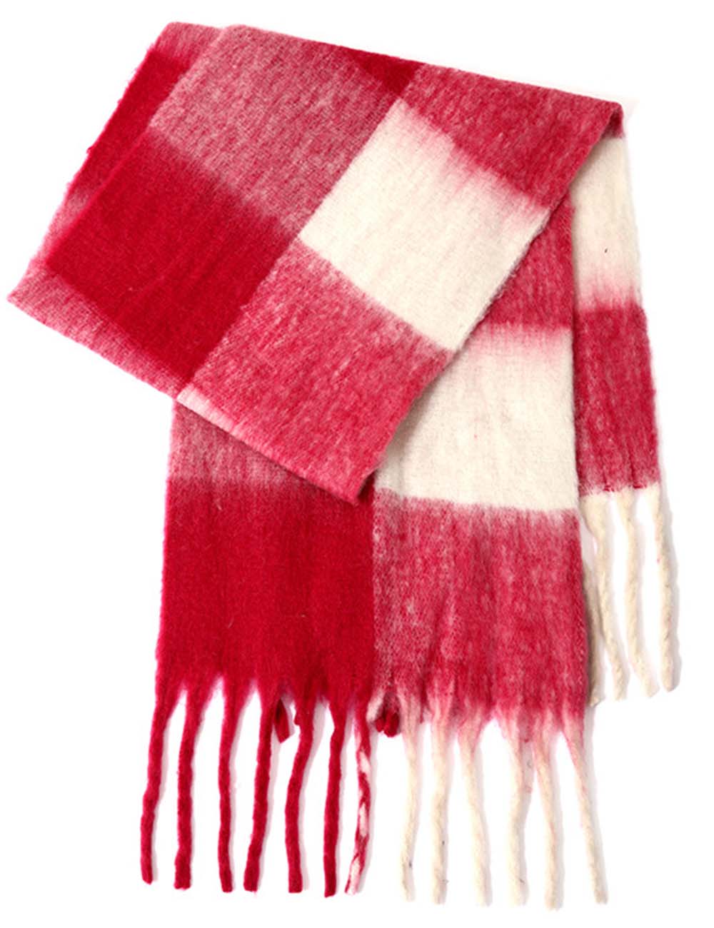 Ladies Color Block Checked Mohair Fringe Knit Scarf