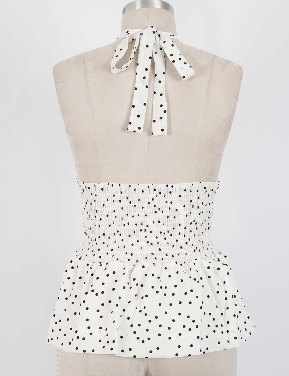 Ladies Polka Dot Halter Ruffle Hem V-Neck Sleeveless Top