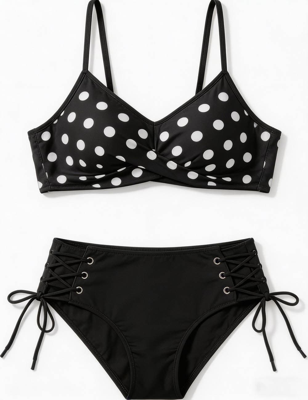 Ladies Polka Dot Print High Waist Lace-up Bikini Set
