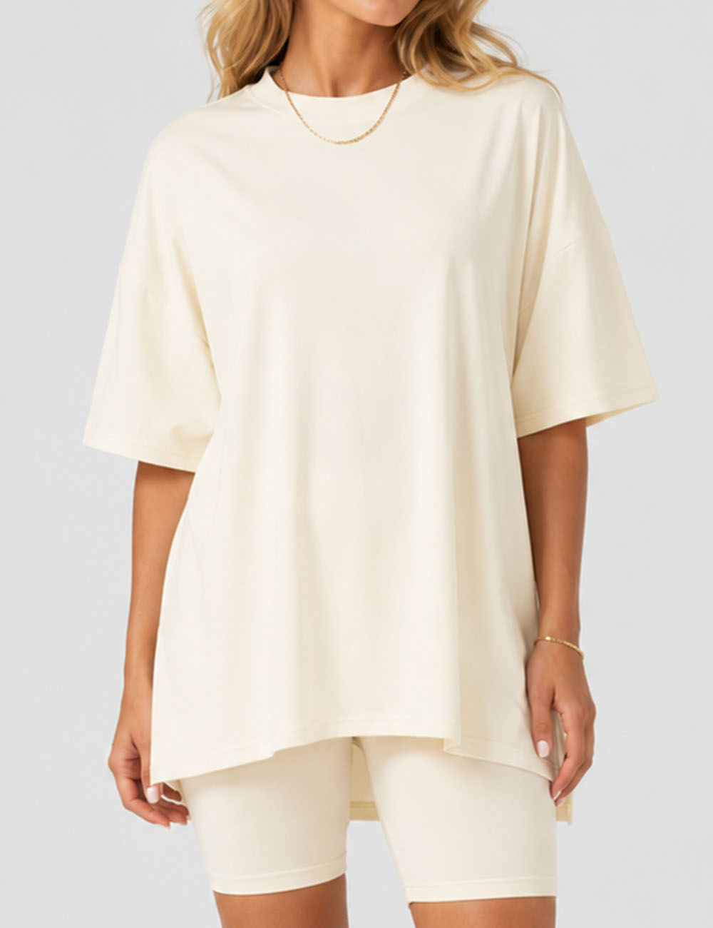 Ladies Solid Loungewear Outfits Loose Top & Slim Shorts Set