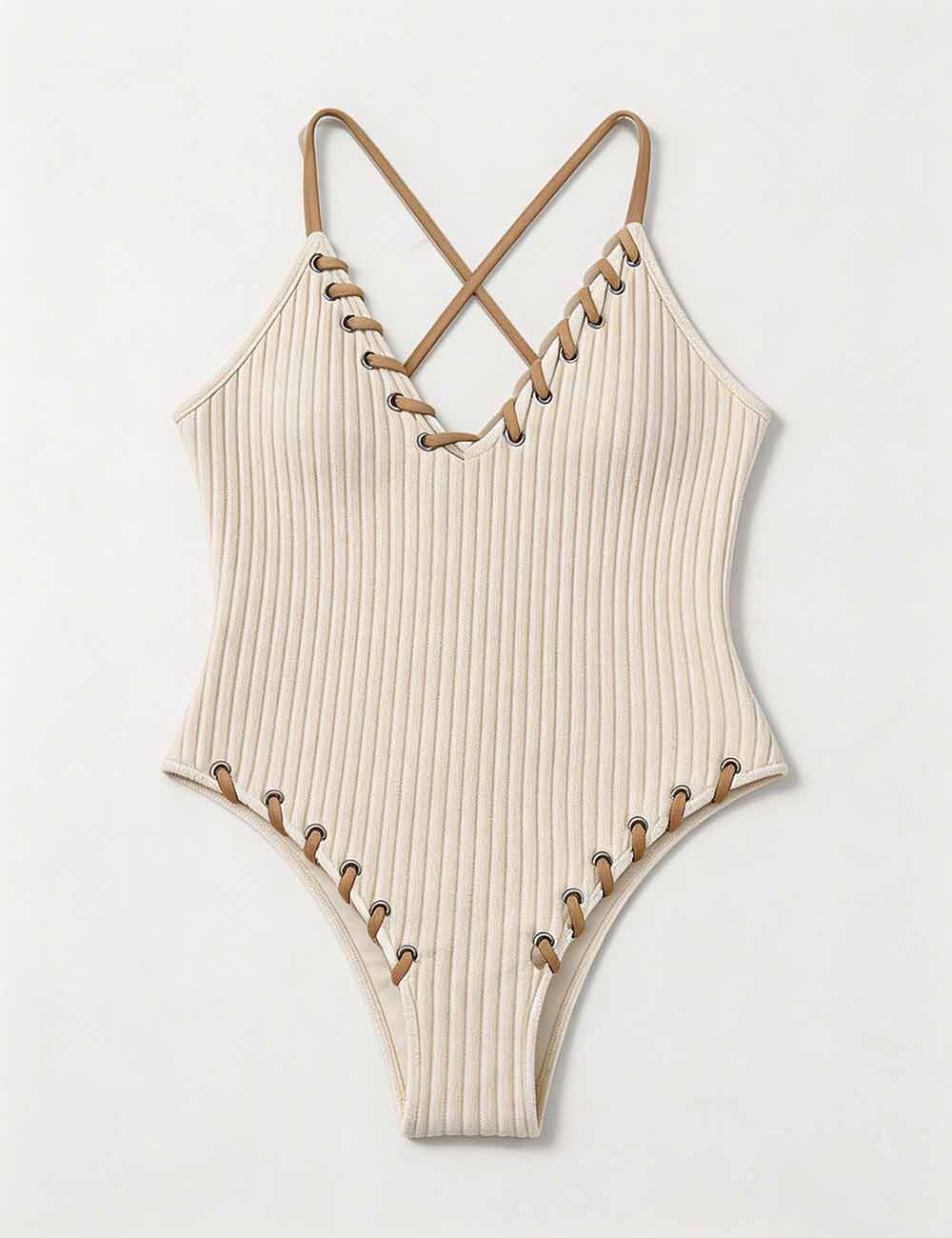Ladies Lace-Up Accents Along High Leg Cut One Piece Swimsuit