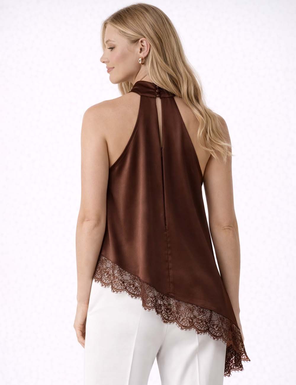Ladies Satin Halter Neck Lace Irregular Hem Sleeveless Top