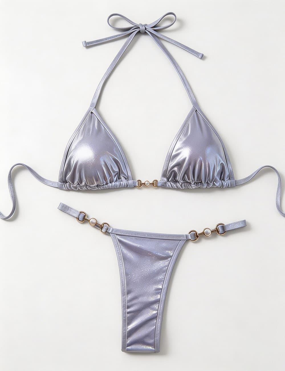 Ladies Metallic Pearl Ring Halter Triangle 2 Piece Bikini Set