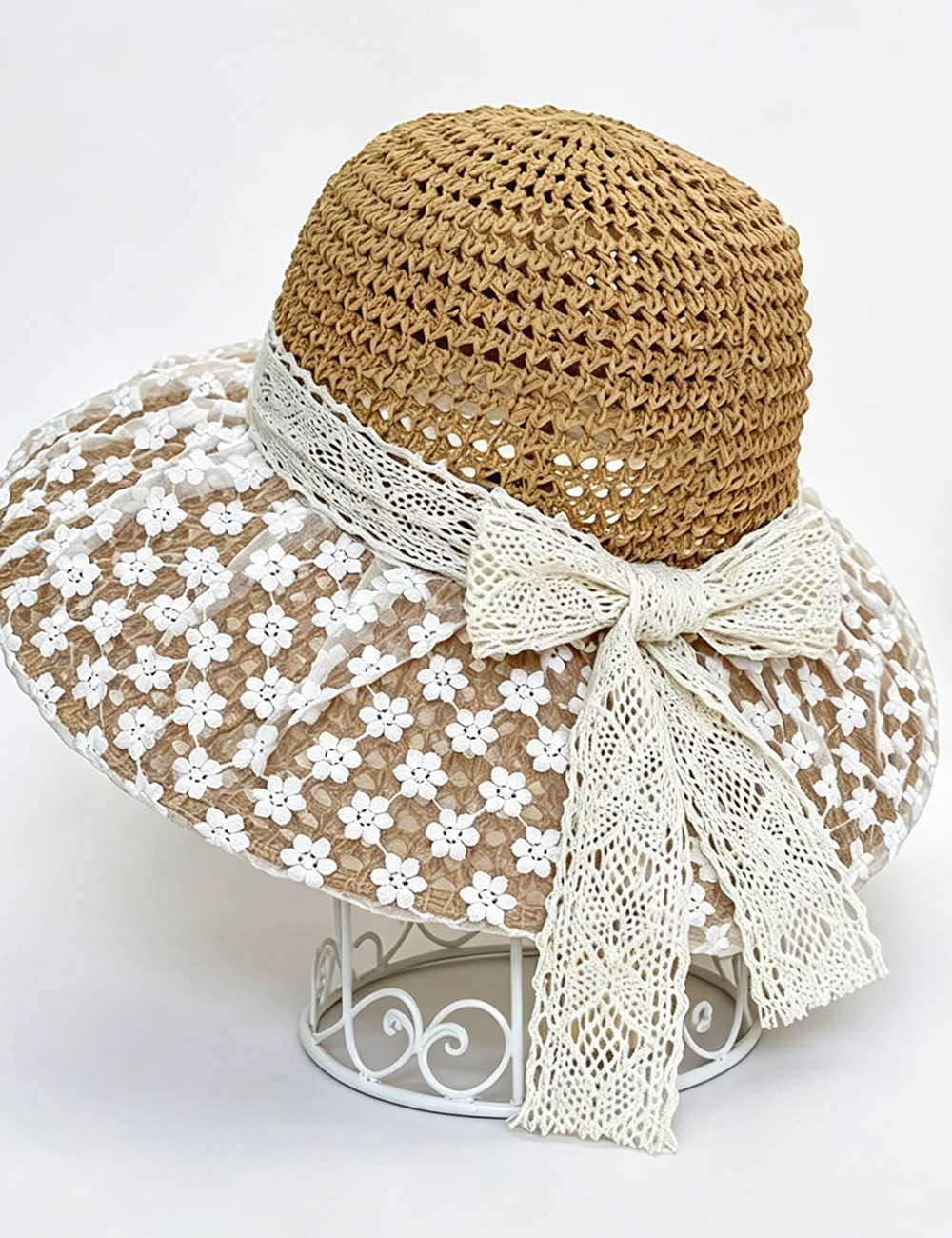 Ladies Boho Floral Lace Wide Brim Bow Straw Beach Hat