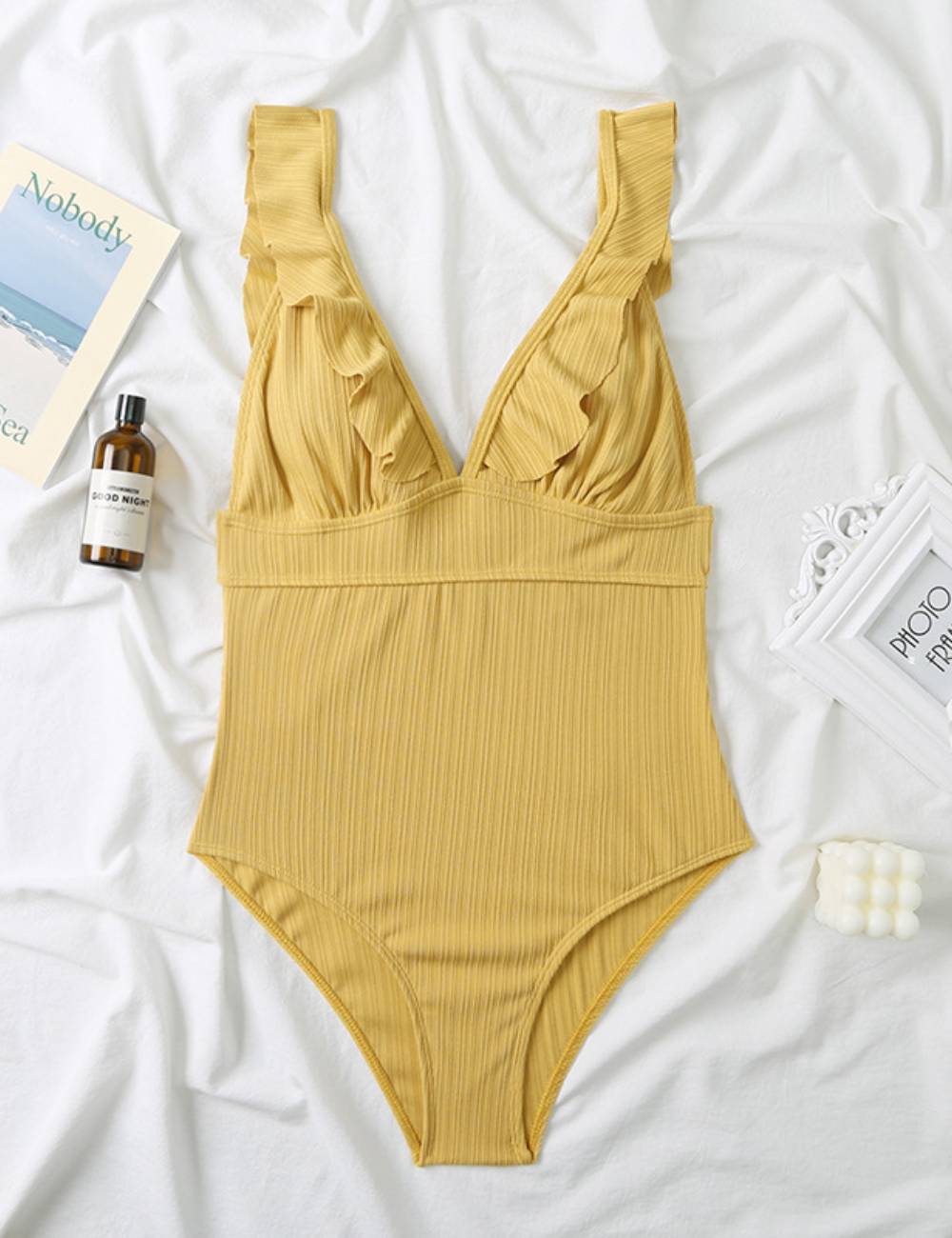 Ladies Rib Ruffle Neck One Piece Swimwear SKSW40079