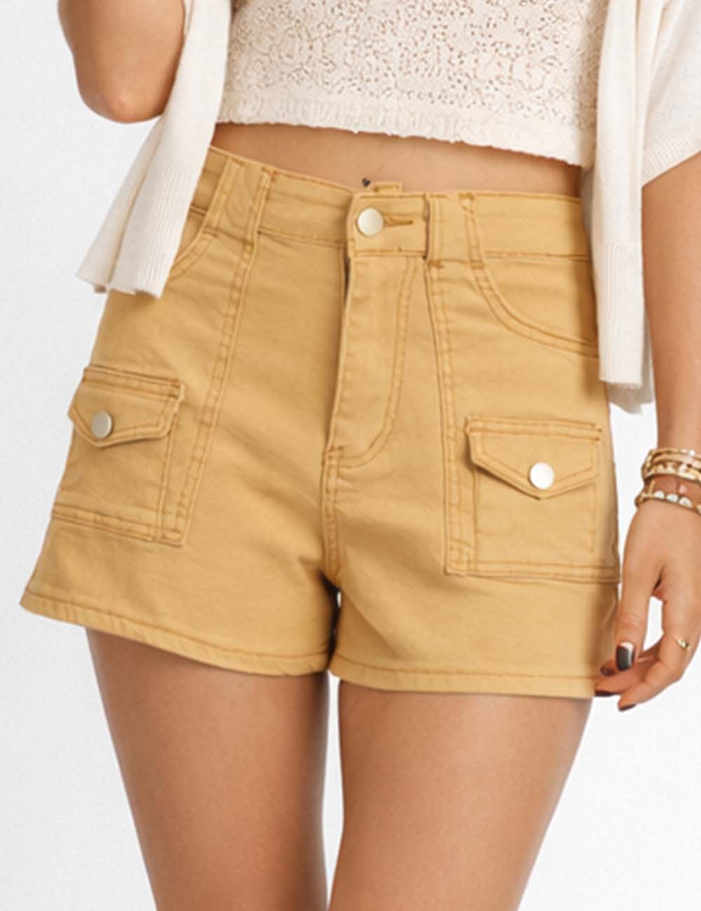 Ladies Solid Color Pockets Denim Shorts
