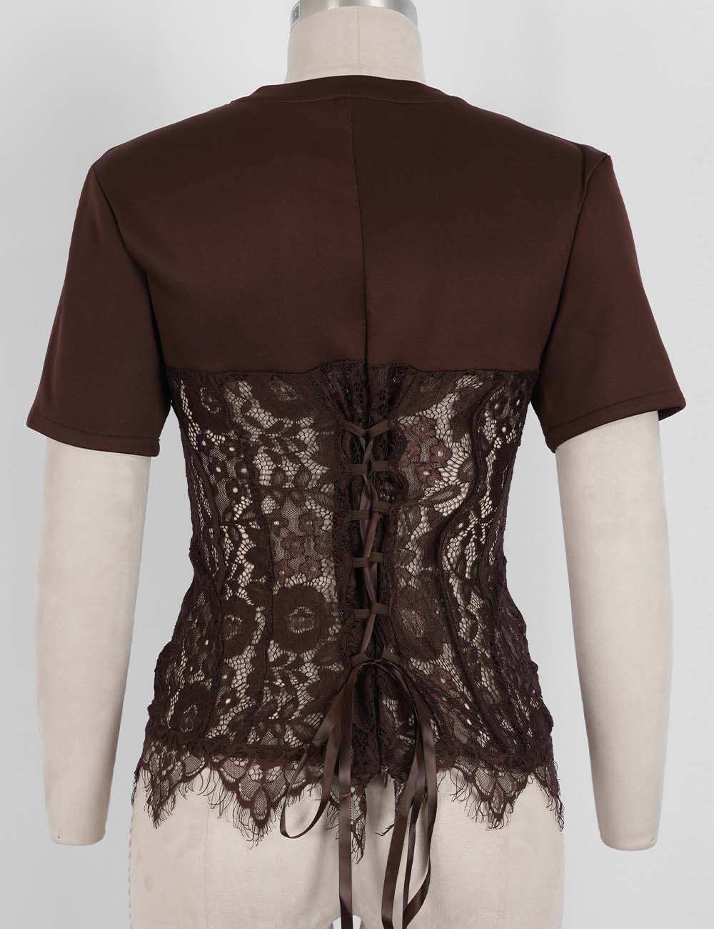 Ladies Lace Scalloped Hem Round Neck Short Sleeves Top