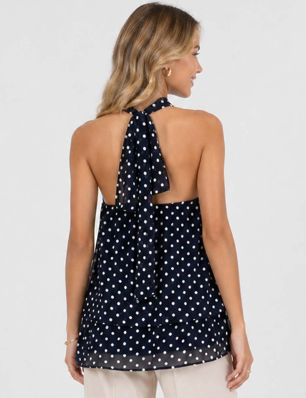 Ladies Chiffon Polka Dot Stand Neck Sleeveless Ruffle Hem Top