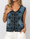 Ladies Boho Rhinestone Embroidery Button Front Denim Vest