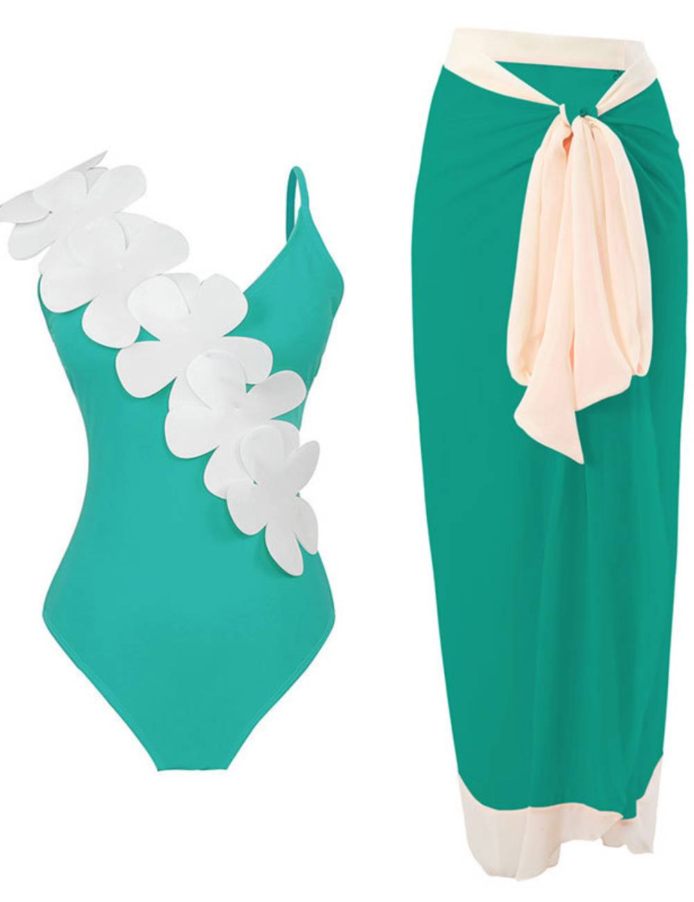 Flower Shoulder One Piece Swimwear 2PCS Set SKSW40141