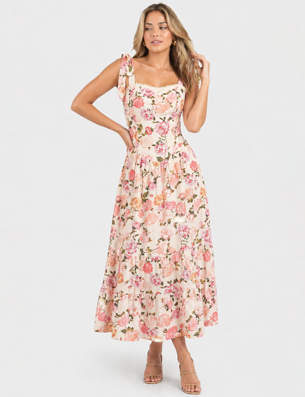 Ladies Floral Print Strap Shoulder Midi Dress