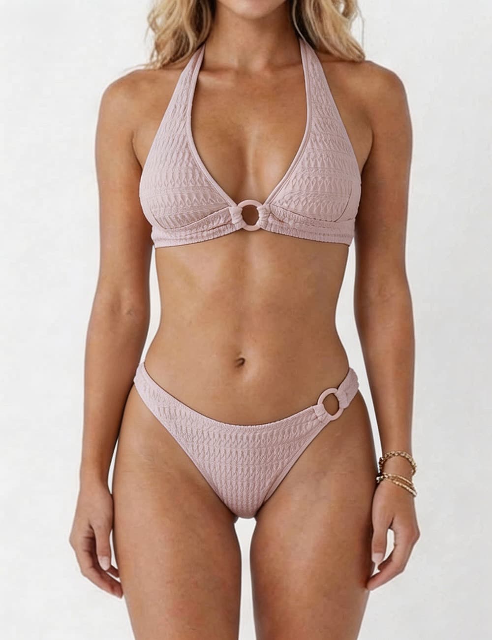 Ladies Solid Color Ring Halter V-Neck Triangle Bikini Set
