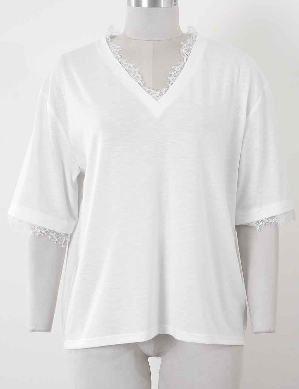 Ladies Chic Lace Trim Solid Color V-Neck Short Sleeves T-Shirt