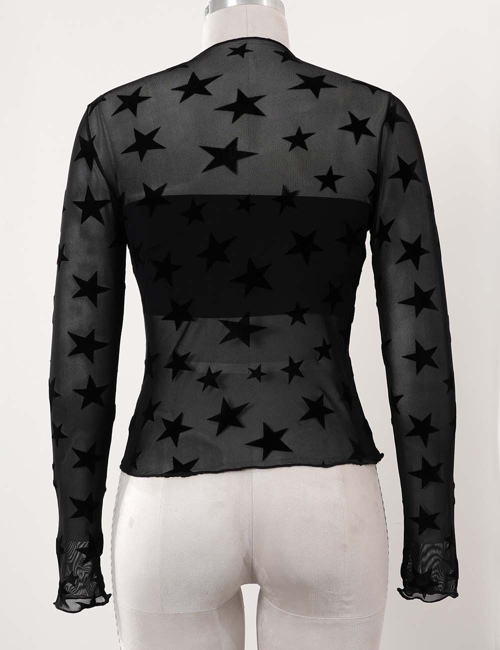 Ladies Chic Star Mock Neck Sheer Mesh Long Sleeves Layering Top