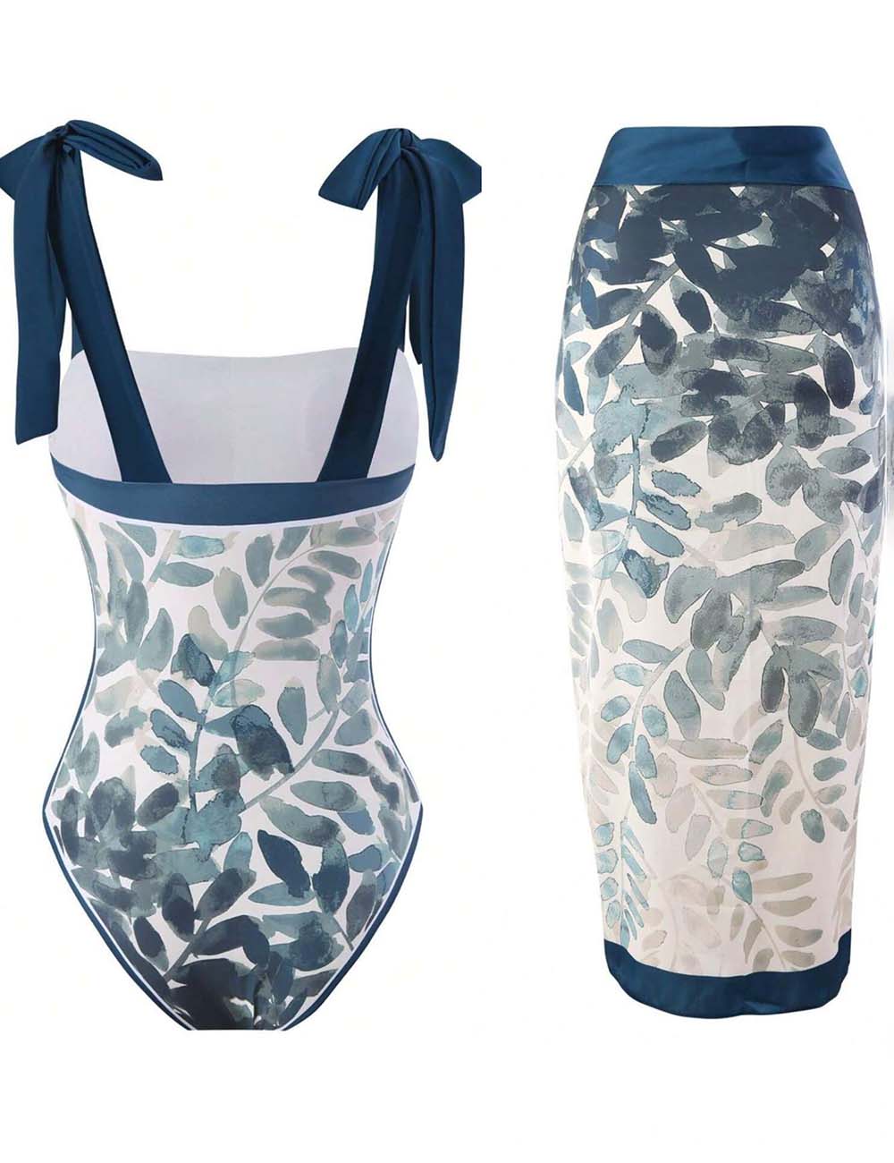 Ladies Leaf Print Tie Strap One-Piece Swimsuit with Wrap Sarong