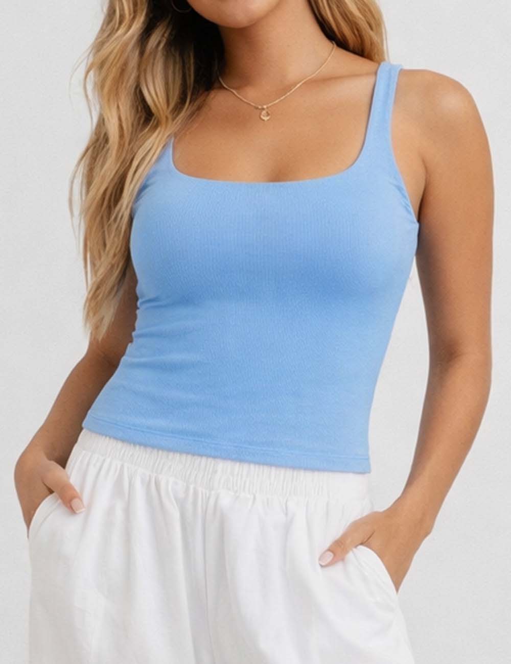 Ladies Casual Solid Color Square Neck Sleeveless Tank Top
