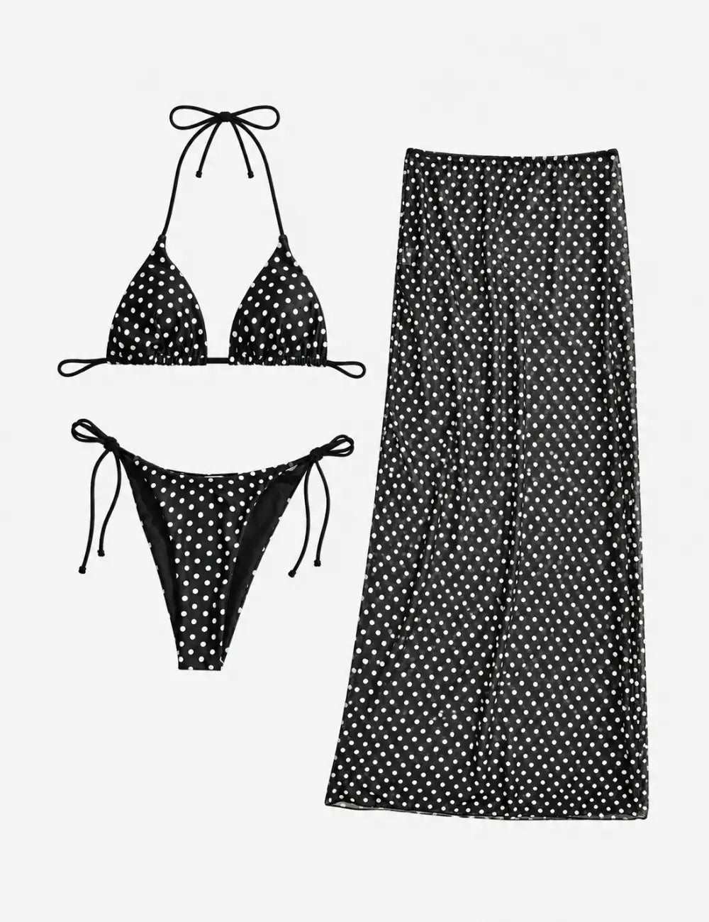 Ladies Polka Dots Print Halter Triangle Bikini Set with Salong