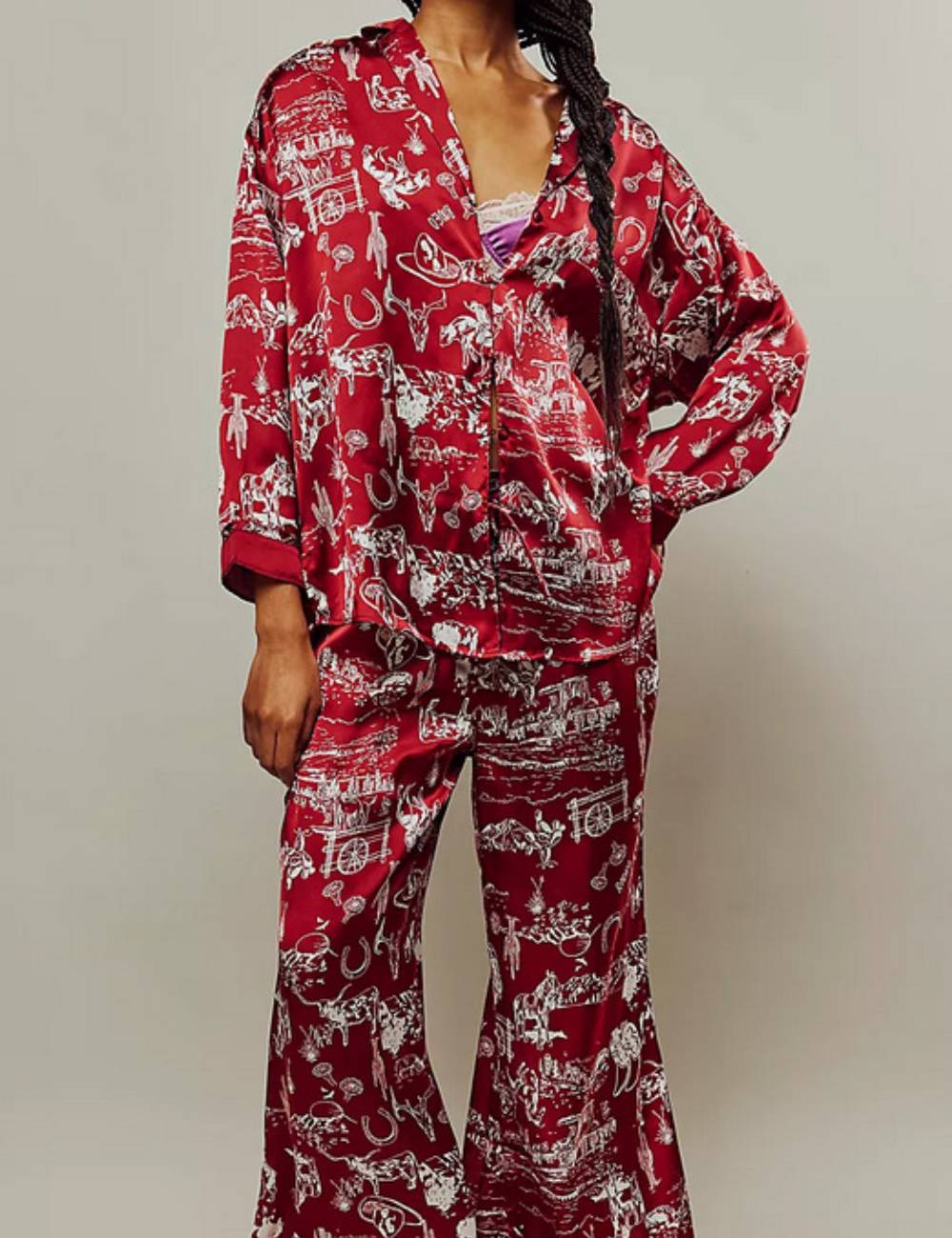 Ladies V-Neck Floral Print Top & Pants Set SKST51306