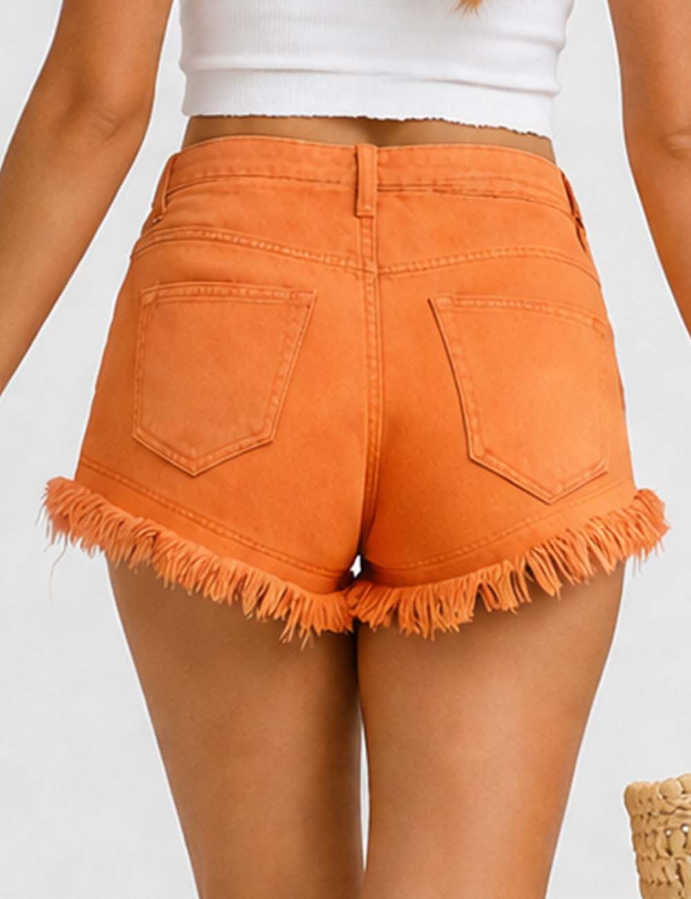 Ladies Distressed Raw Edge Frayed Hem Denim Shorts