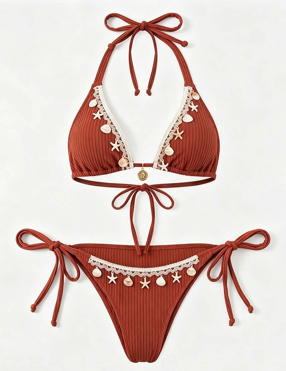 Ladies Shell Charm Halter Neck Ribbed Triangle 2 Piece Bikini Set
