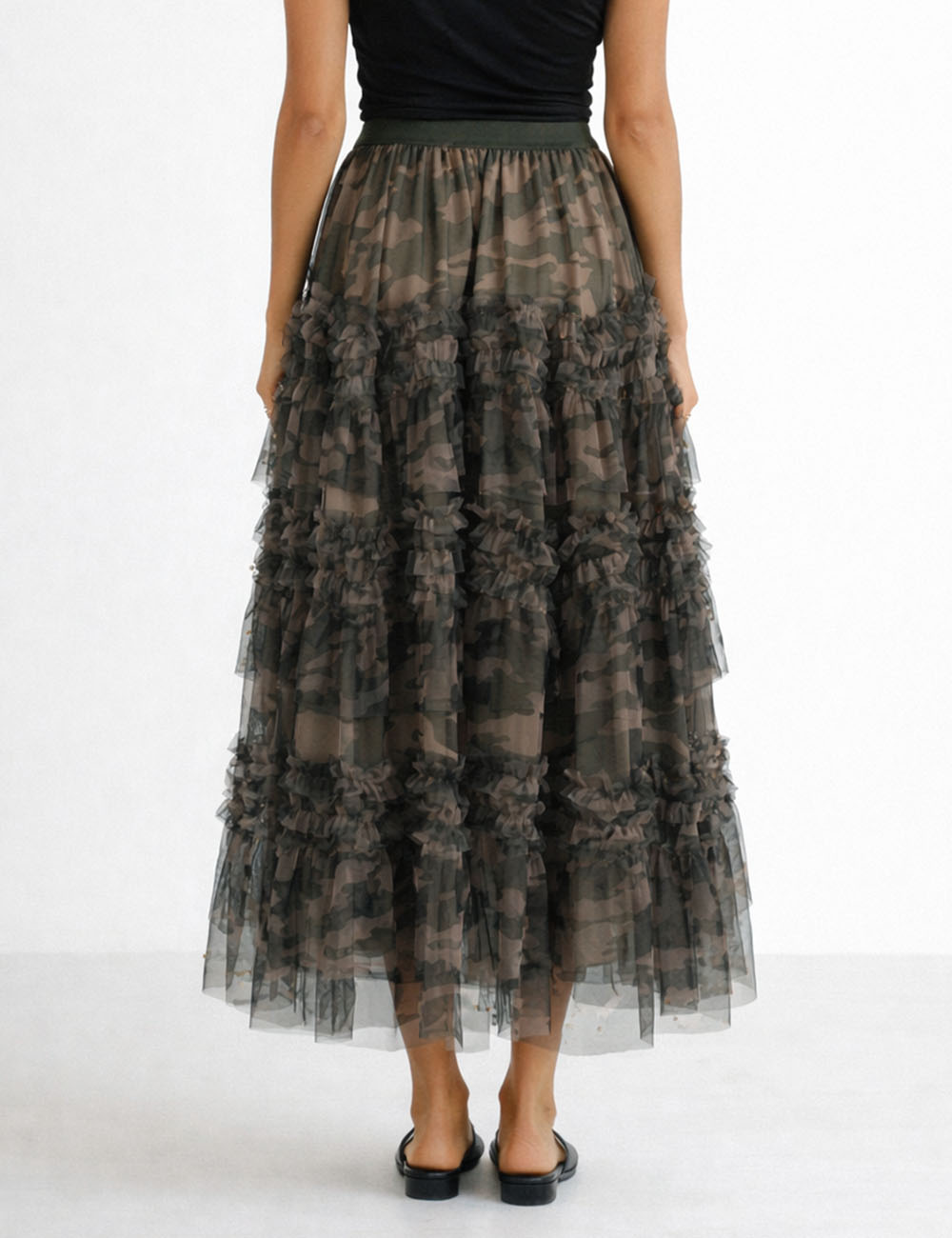 Ladies Casual Camo Print Pearl Tiered Ruffle Tulle Maxi Skirt