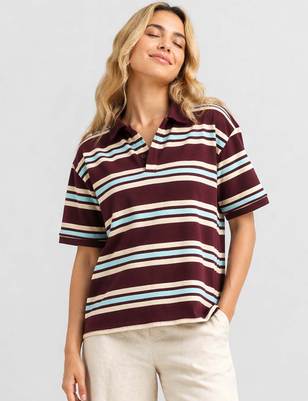 Ladies Striped Polo Collar Short Sleeves T-Shirt Top