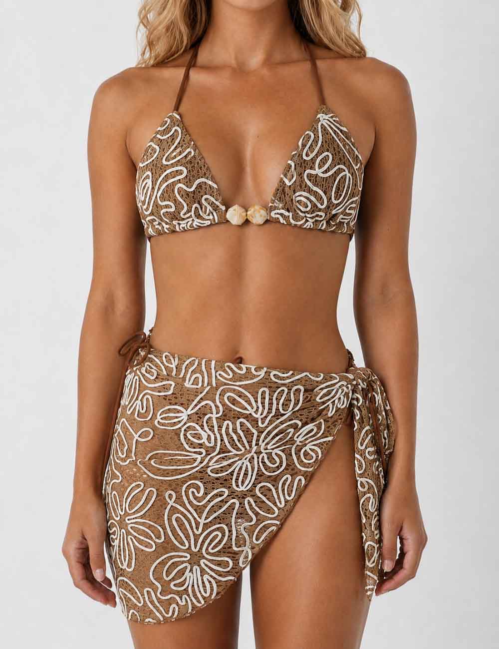 Ladies Crochet Triangle Bikini Set with Wrap Cover Up Skirt