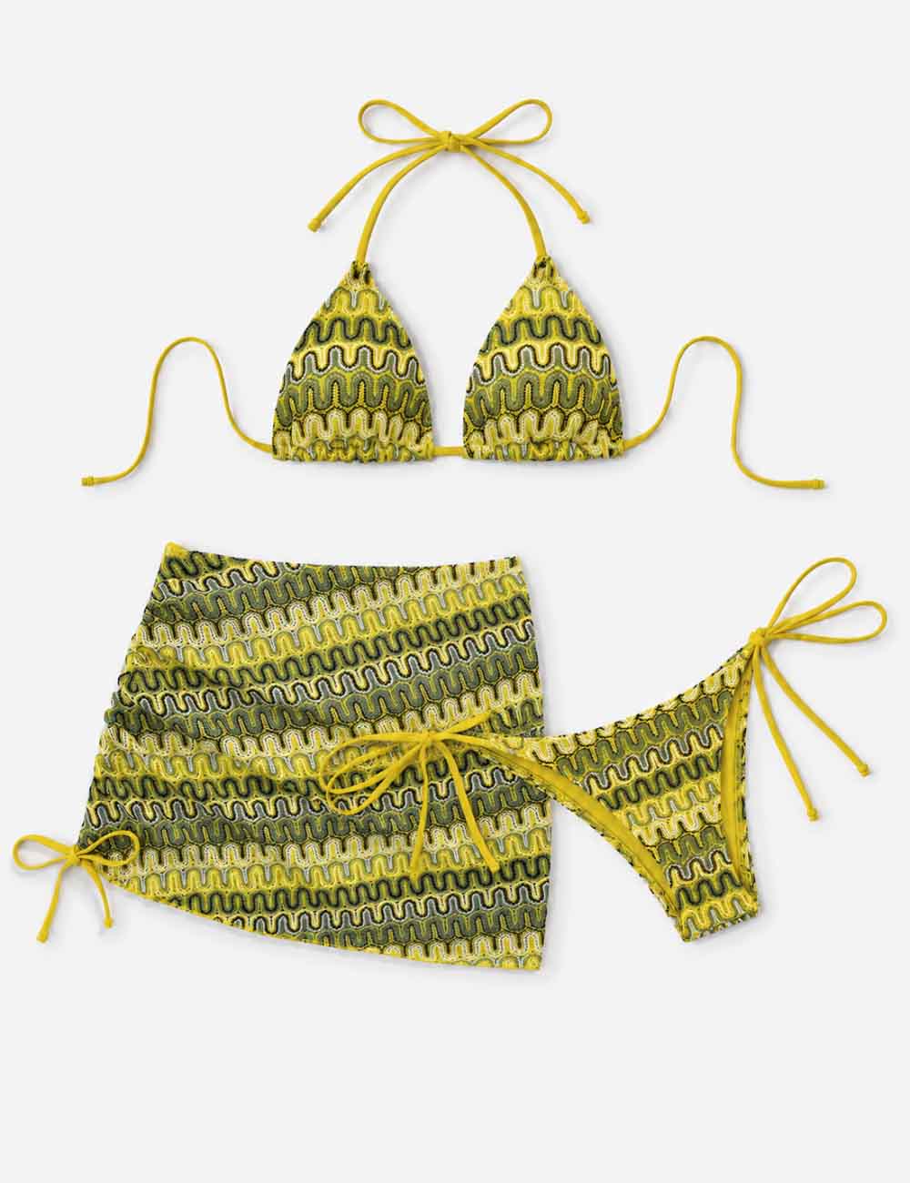 Ladies Wave Striped Knit Triangle Bikini Set with Cover Up Skirt