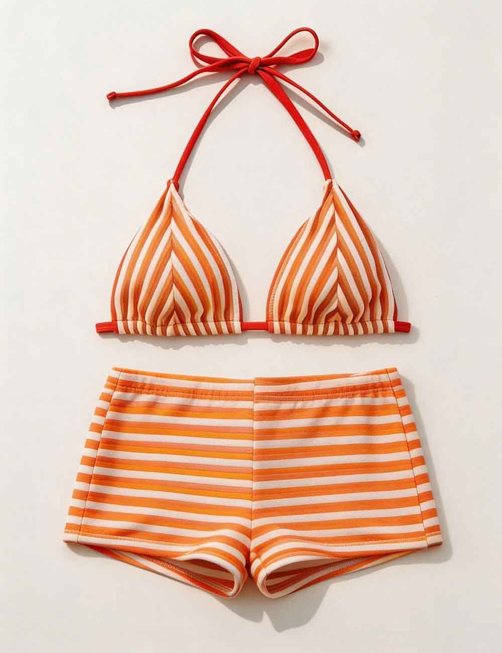 Ladies Striped Tie Back Triangle Halter Bikini Top & Shorts Swimsuit Set