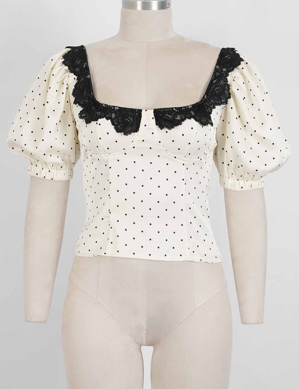 Ladies Chic Polka Dot Square Neck Lace Trim Puff Sleeves Top