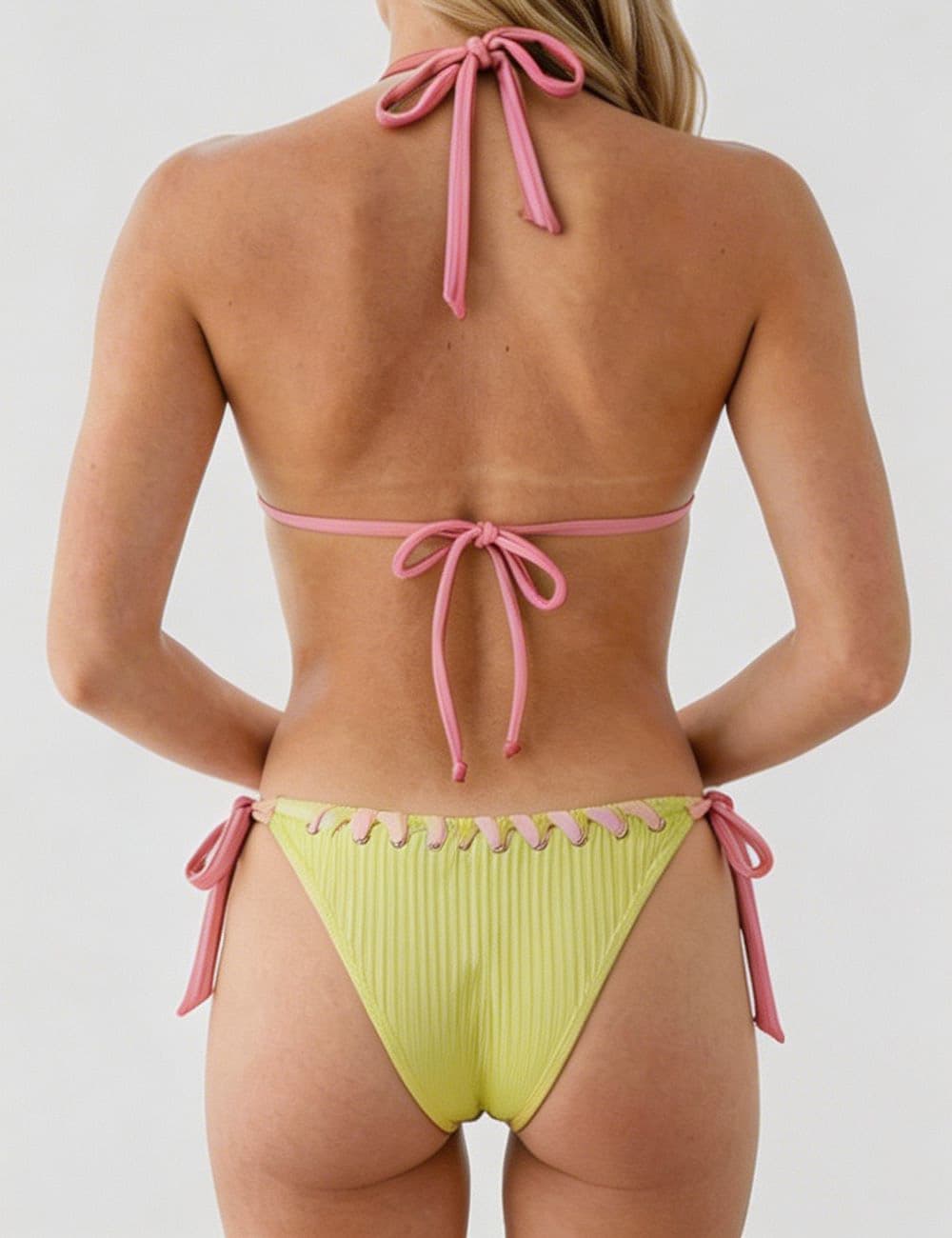 Ladies Braided Trim Ribbed Halter Triangle 2 Piece Bikini Set