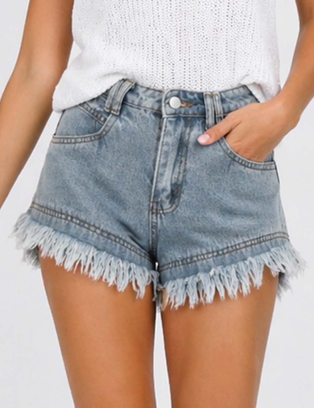 Ladies Distressed Raw Edge Frayed Hem Denim Shorts