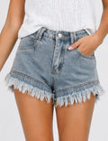 Ladies Distressed Raw Edge Frayed Hem Denim Shorts