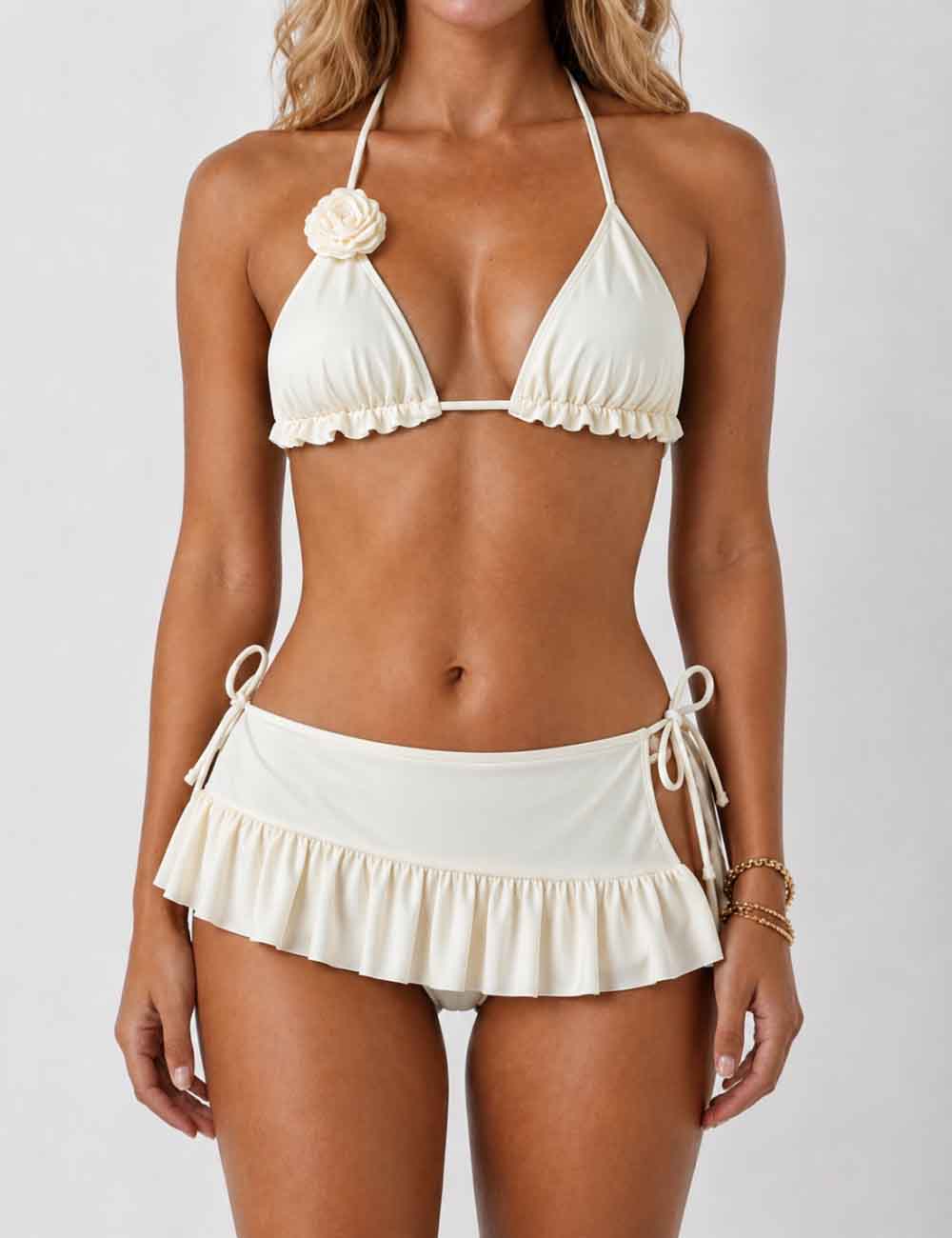 Ladies Floral Strap Ruffle Triangle Bikini Set With Mini Cover Up Skirt