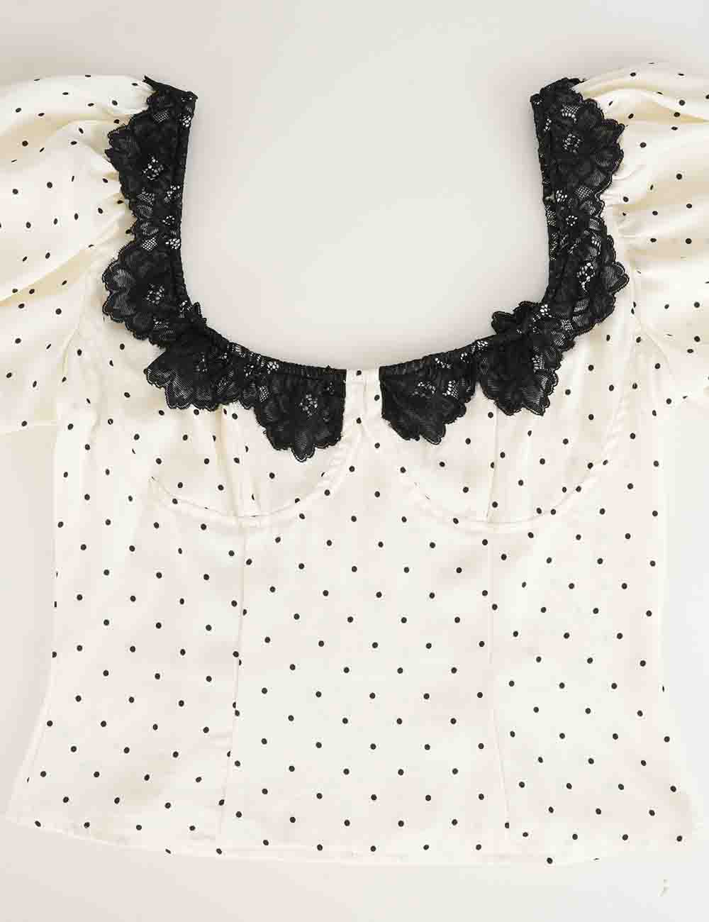 Ladies Chic Polka Dot Square Neck Lace Trim Puff Sleeves Top