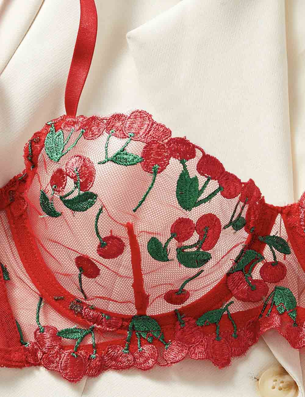 Ladies Cherry Embroidery See Through 2PCS Lingerie Set 8XX0038