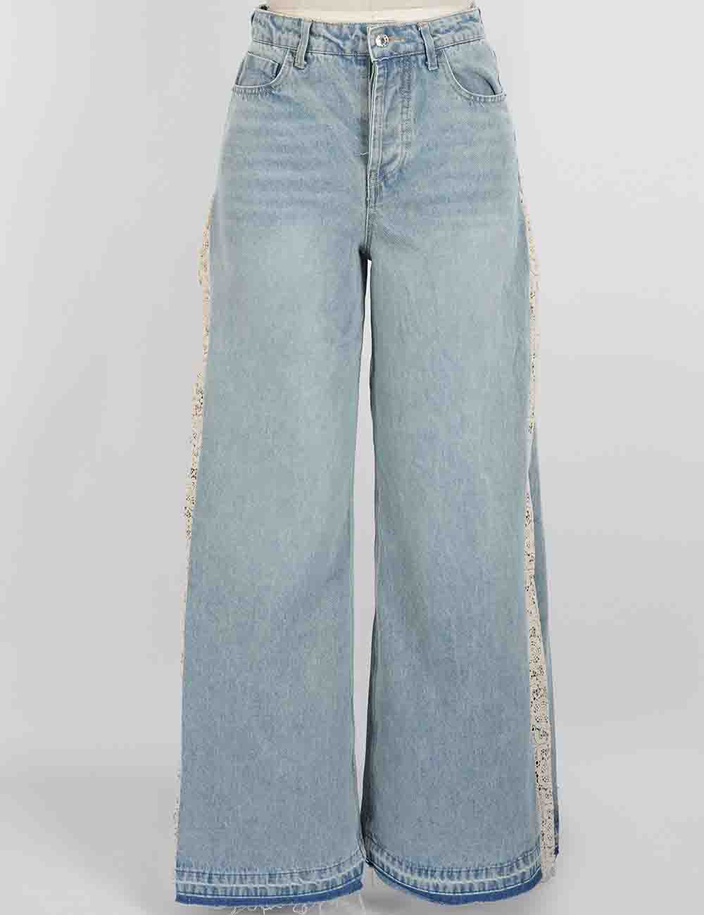 Ladies Lace Panel Washed Jeans Wide Leg Denim Pants