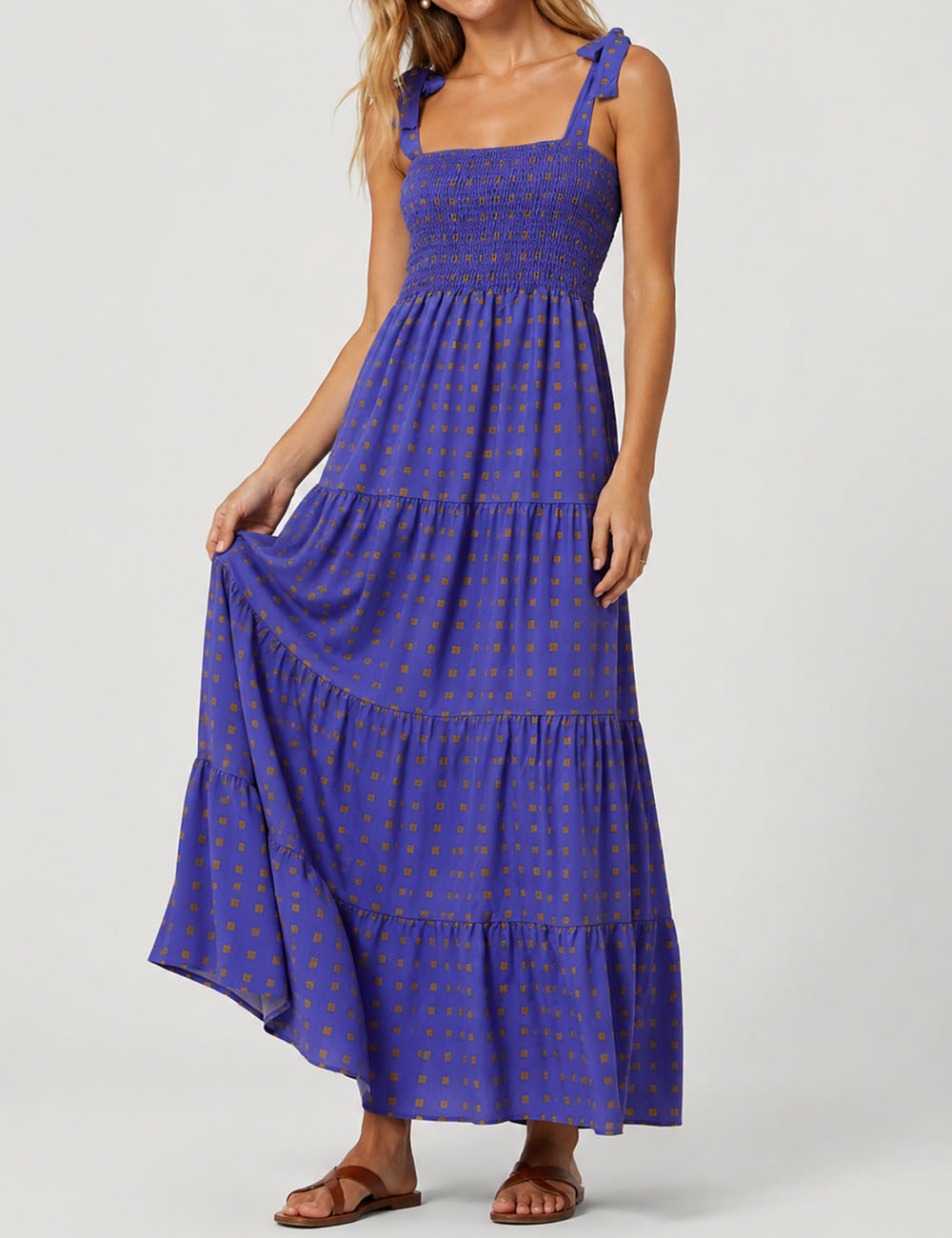 Ladies Abstract Print Smocked Tie Strap Square Neck Midi Dress