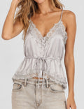 Ladies Romantic Stain Lace Trim V-Neck Waist Drawstring Cami Top
