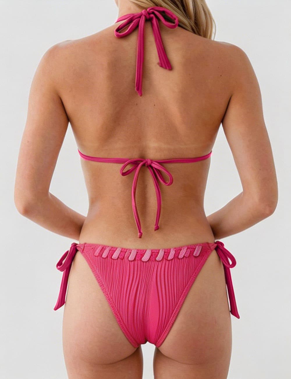 Ladies Contrast Stitch Ribbed Halter Triangle 2 Piece Bikini Set