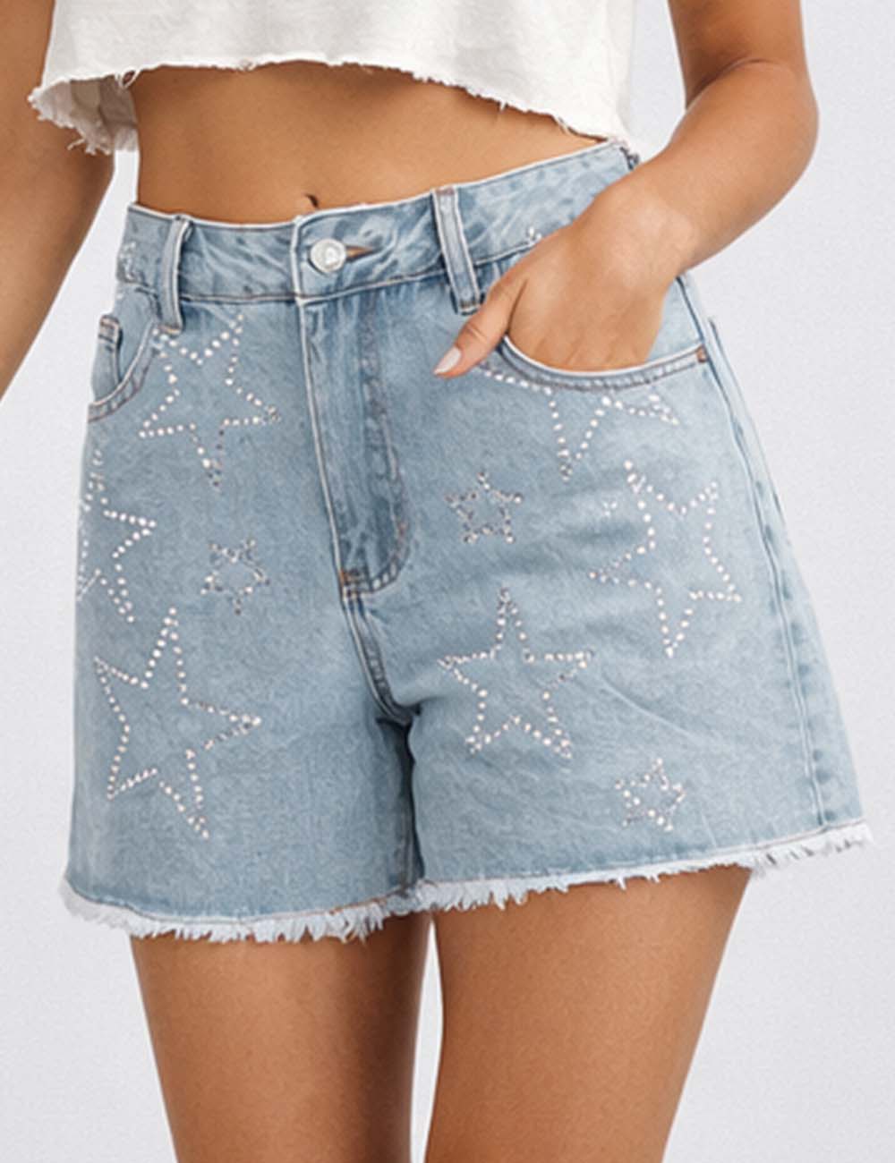 Ladies Rhinestone Star Raw Edge Hem Denim Shorts